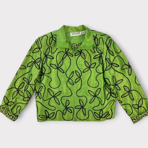 VINTAGE 90s Anage 100% Silk Women Jacket Blazer Embroider Green Christmas SMALL - Picture 6 of 16